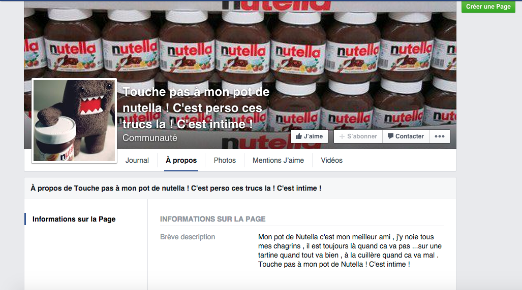 page faebook pour défendre Nutella